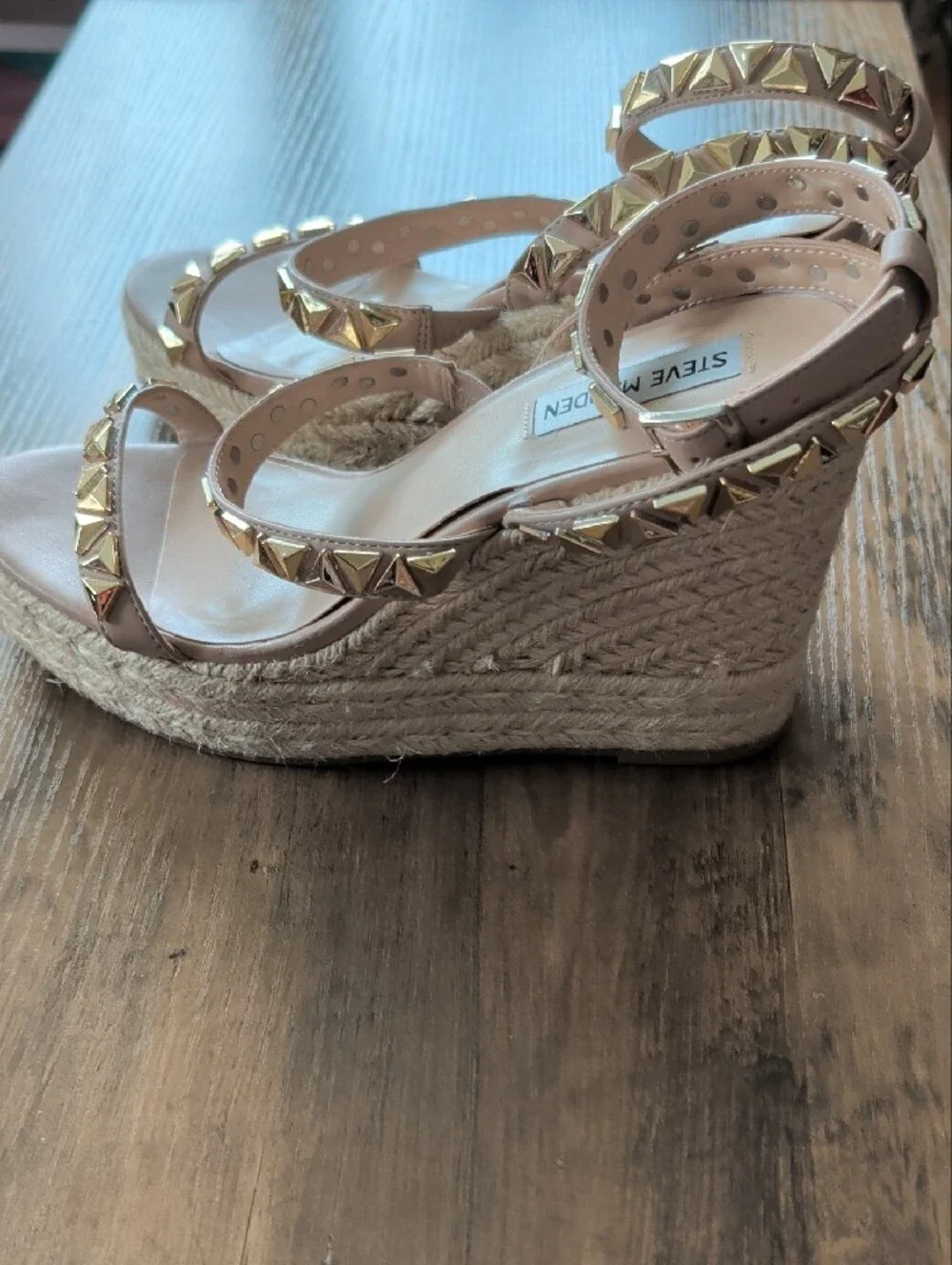 Steve Madden Beige Espadrille Wedge Sandals with Gold Studs